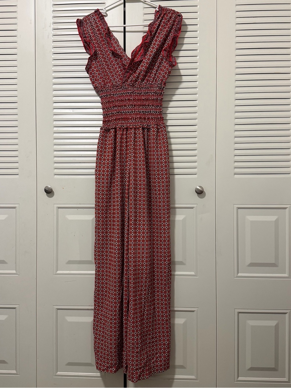 Max Studio Rust Red Printed Smocked-Waist Jumpsuit - Picture 2 of 12